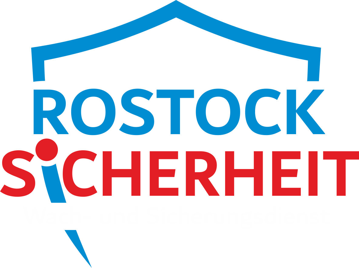 Logo der Firma Rostock Sicherheit mit einem stilisierten Schild und dem Text 'Rostock Sicherheit Wach- und Sicherheitsdienst